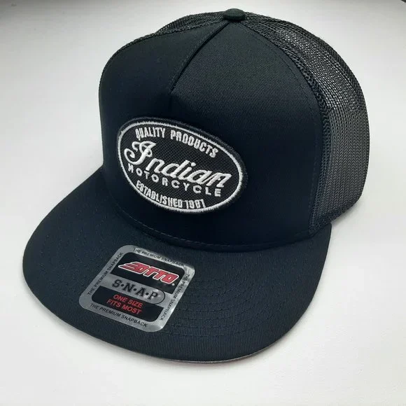 Indian Motorcycle Embroidered Patch Flat Bill Cap Hat Mesh Snapback Black - Picture 1 of 4